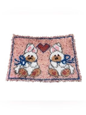 Vintage 90s Latch Hook Wall Hanging Or Rug Bunnies With A Heart Pink Granny Cott